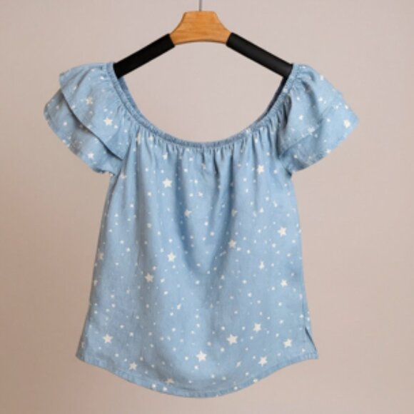 Cavalini Denim Collection Women’s Star Print Off Shoulder Top Size L - Picture 1 of 6